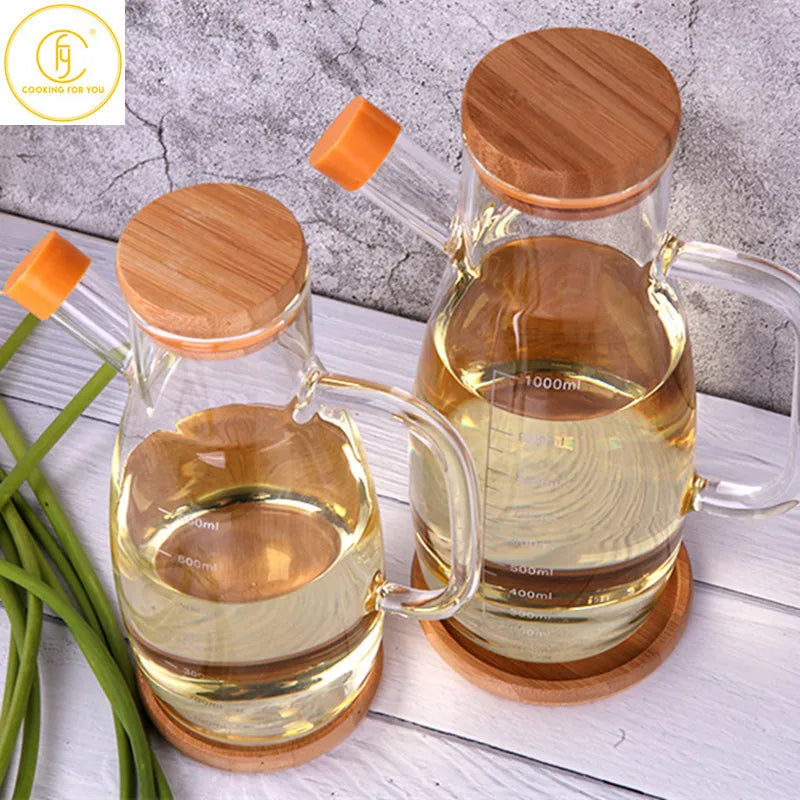 650/1000ml Glass Oil Bottle with Bamboo Lid Creative Soy Sauce Vinegar