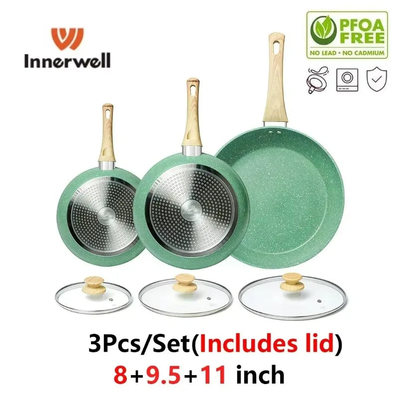 Innerwell Kitchen 3Pcs/Sets Frying Pan with Lid, Nonstick non-toxic