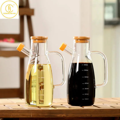 650/1000ml Glass Oil Bottle with Bamboo Lid Creative Soy Sauce Vinegar