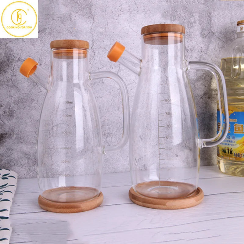 650/1000ml Glass Oil Bottle with Bamboo Lid Creative Soy Sauce Vinegar