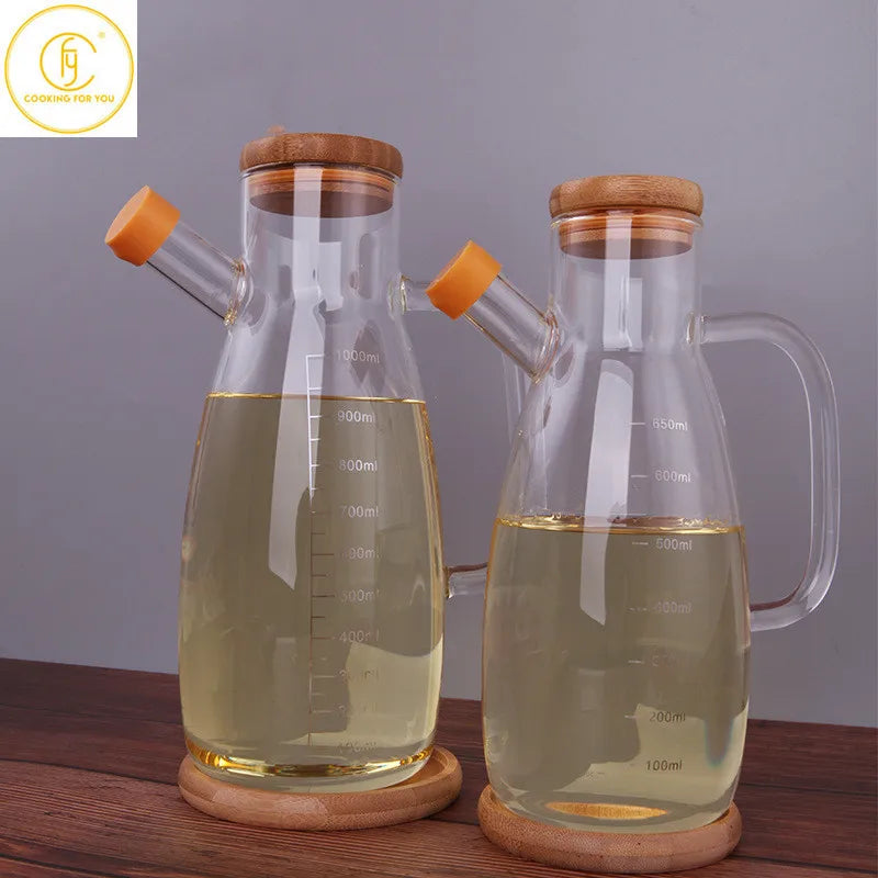 650/1000ml Glass Oil Bottle with Bamboo Lid Creative Soy Sauce Vinegar