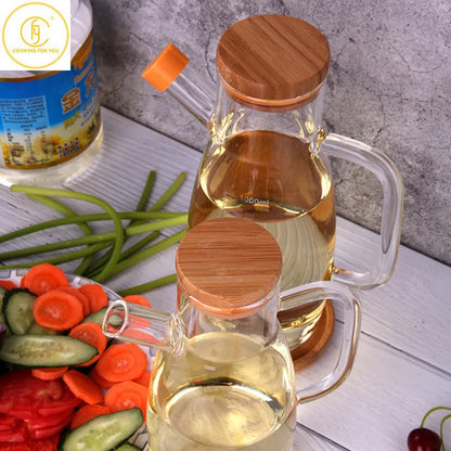 650/1000ml Glass Oil Bottle with Bamboo Lid Creative Soy Sauce Vinegar